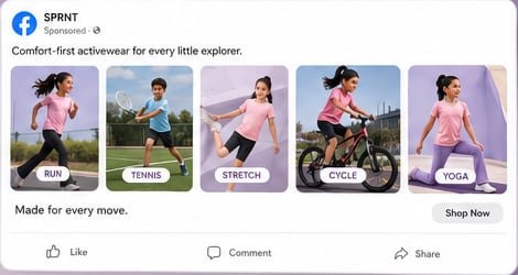 Sprnt Meta ad carousel with kids running, playing tennis, stretching, cycling and doing yoga