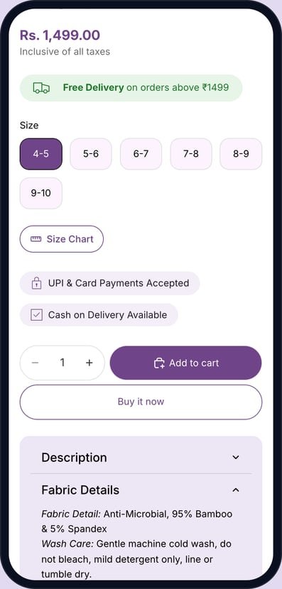 Sprnt product page on a phone with sizes, add to cart and the fabric details open: anti-microbial, 95% bamboo and 5% spandex