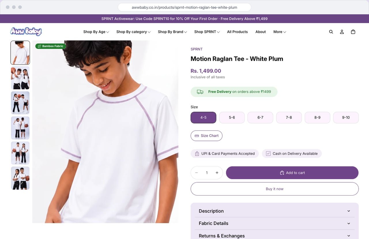 Sprnt Motion Raglan Tee product page on desktop with gallery, price, sizes by age, payment options and add to cart