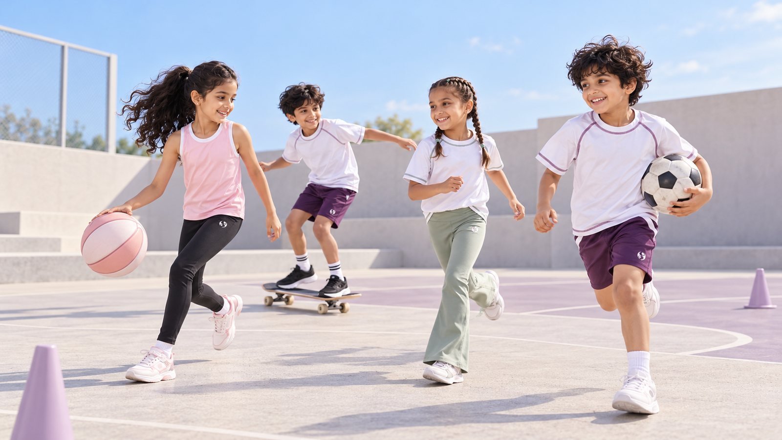 Four children in Sprnt activewear running, dribbling a basketball, skateboarding and carrying a football on an outdoor court