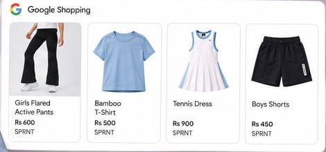Sprnt Google Shopping ad with flared pants, a bamboo T-shirt, a tennis dress and shorts