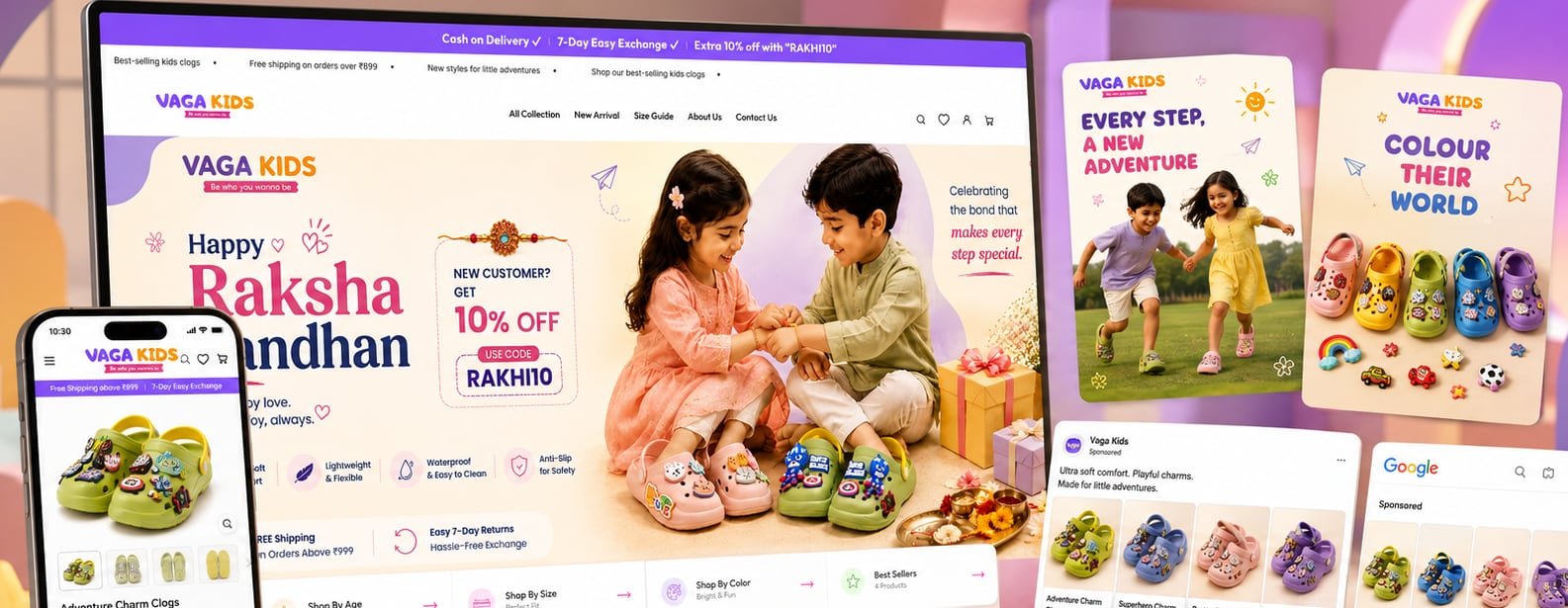 Vaga Kids website, ads and social creative shown together