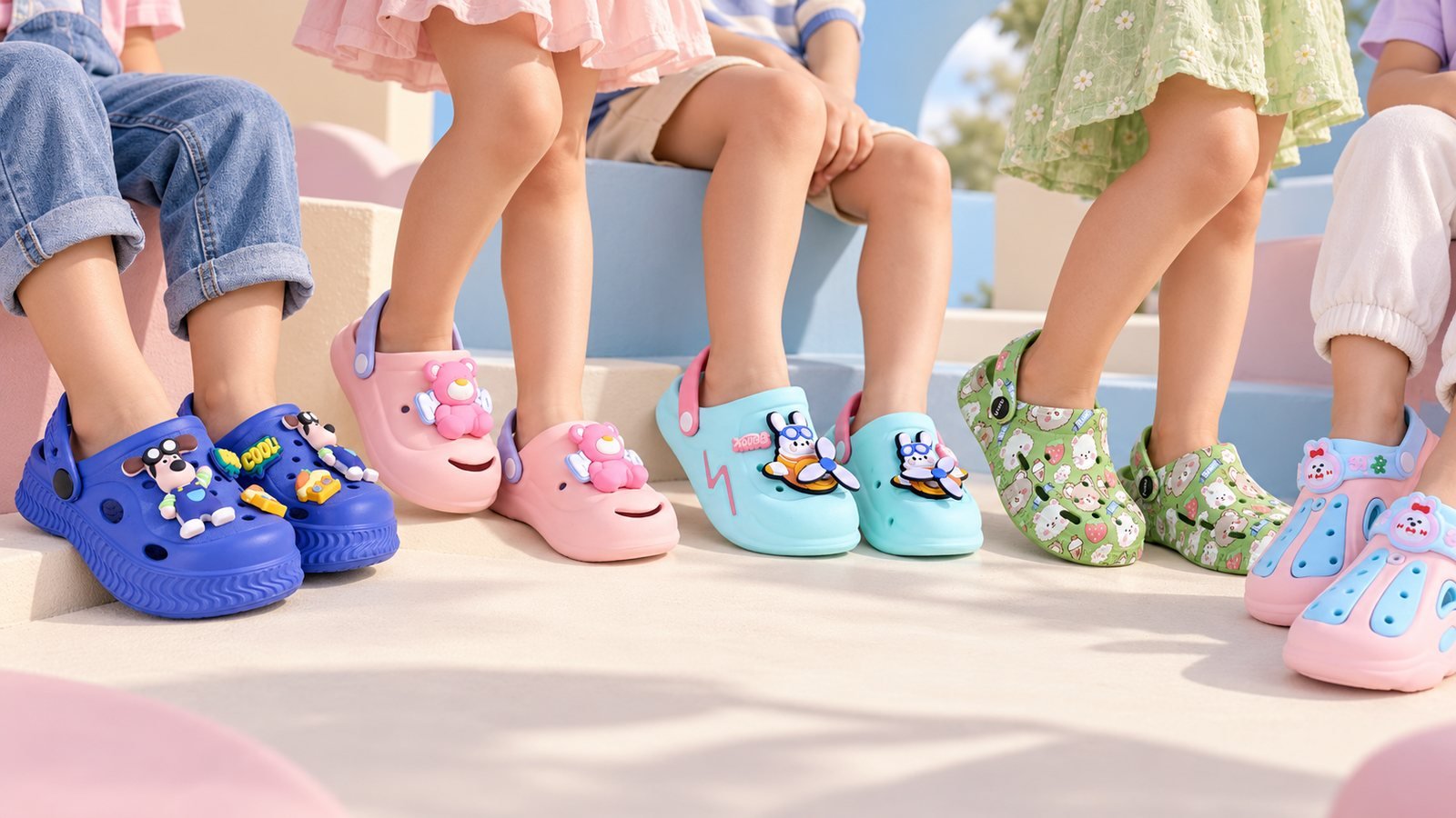 Children's feet in Vaga Kids clogs with charms, in blue, pink, aqua and green, on a pastel step