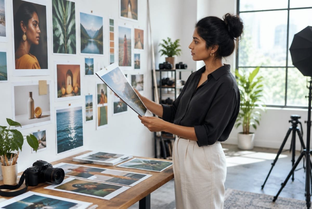 A designer reviewing printed photography on a studio wall.