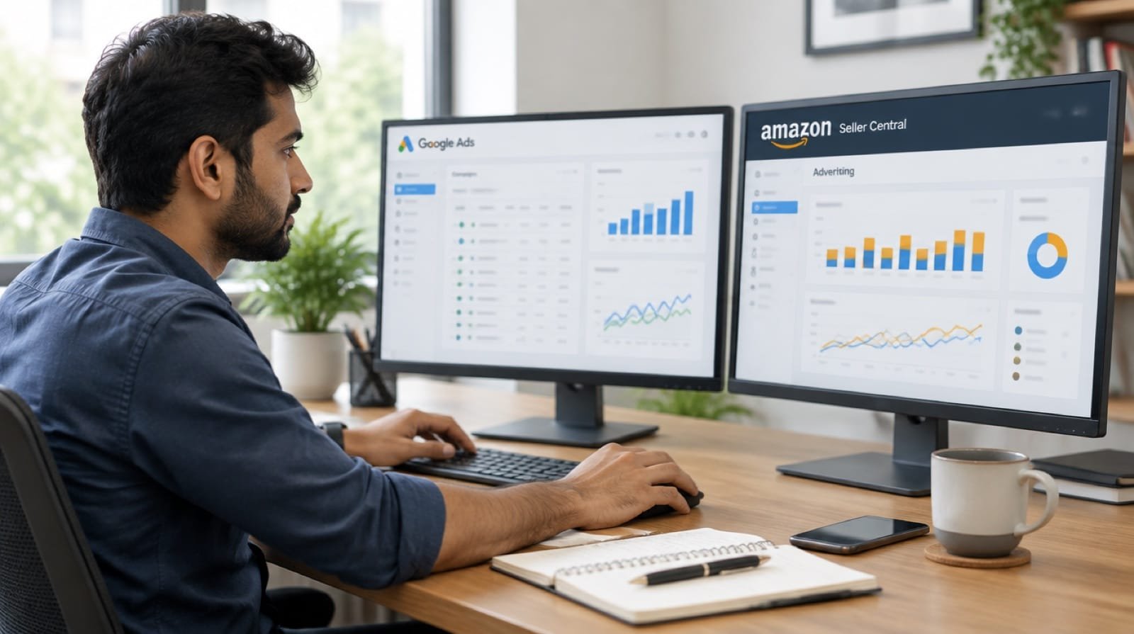An analyst at a desk with two ads dashboards open.