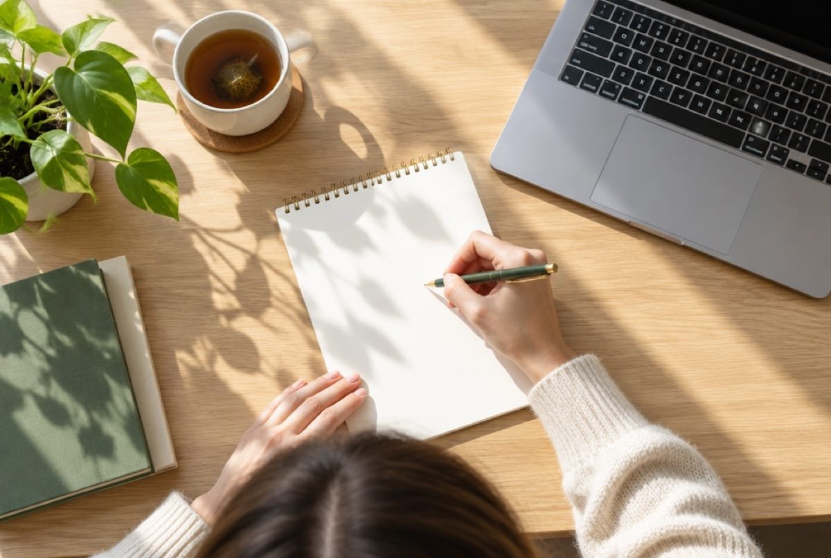 A notebook open on a desk beside a laptop, a plan being written.