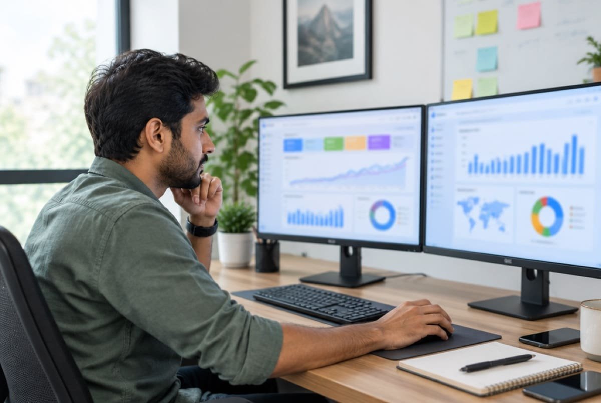 An analyst reviewing campaign dashboards on two monitors.