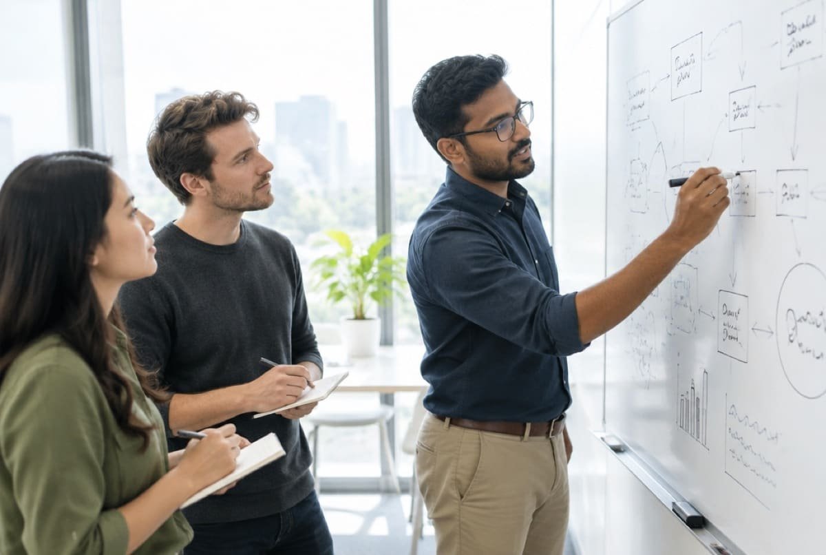 Three people planning on a whiteboard.
