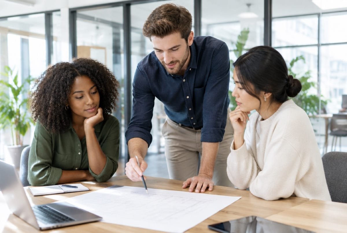 Three colleagues leaning over a printed plan on a table.
