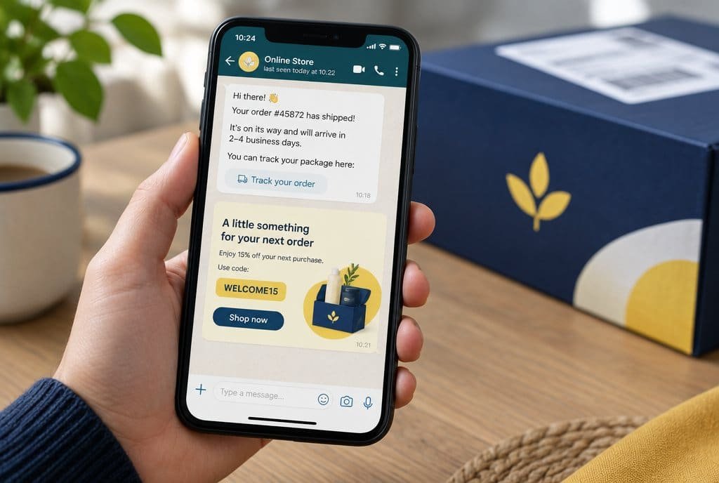 A WhatsApp reorder message from a brand on a phone.