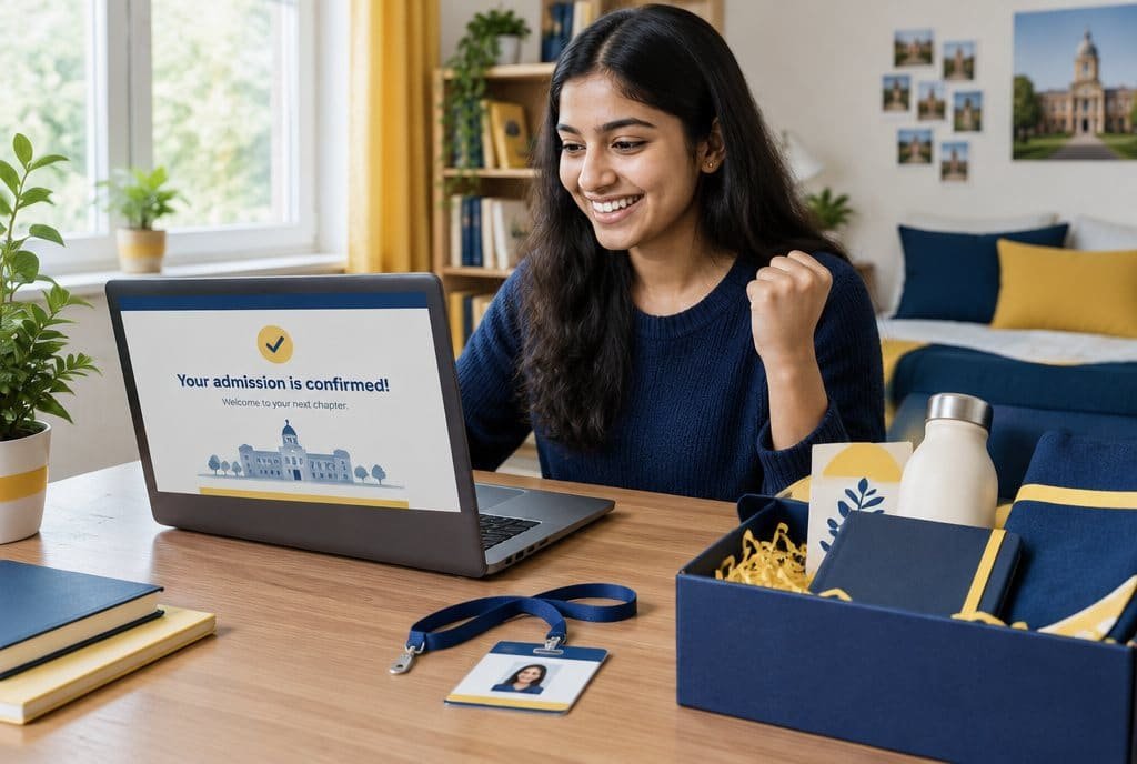 A student celebrating a confirmed admission at a laptop.