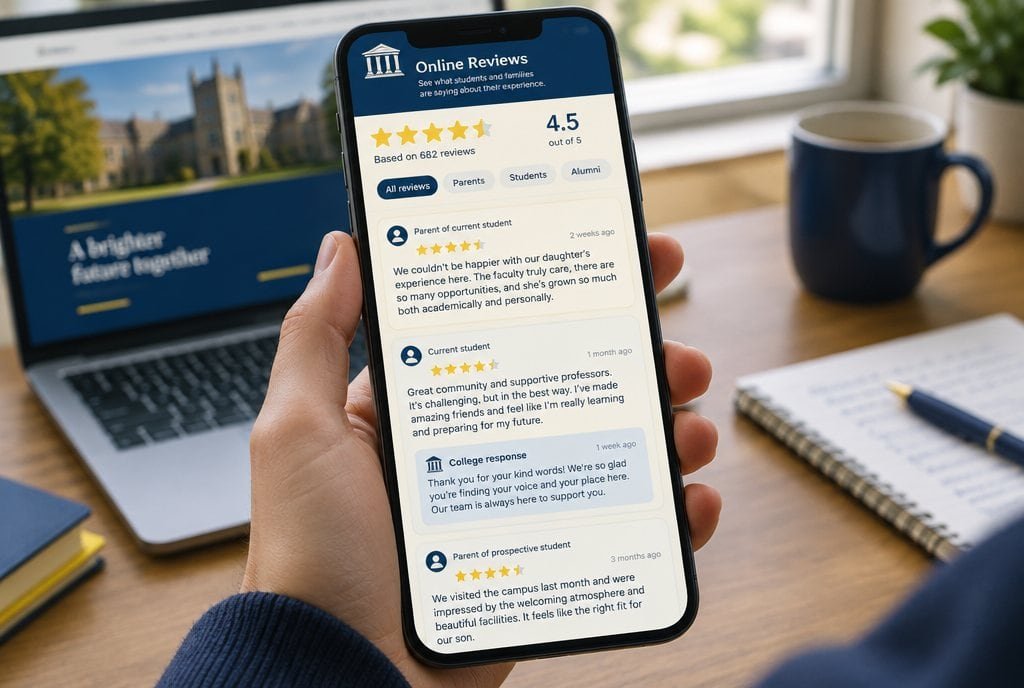 College reviews and ratings on a phone.