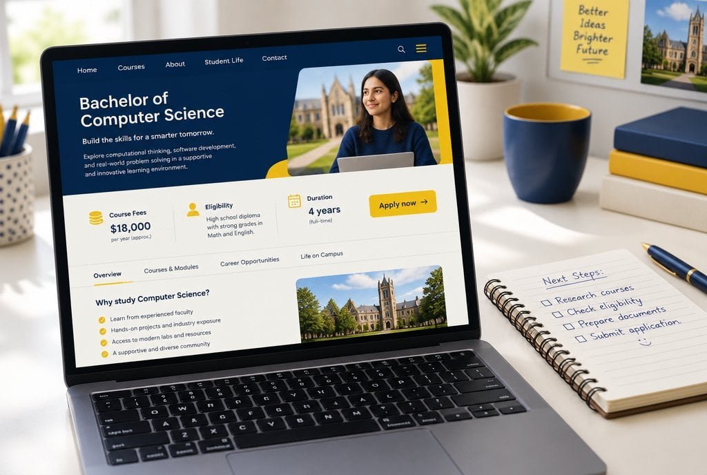 A course page with fees and eligibility open on a laptop.