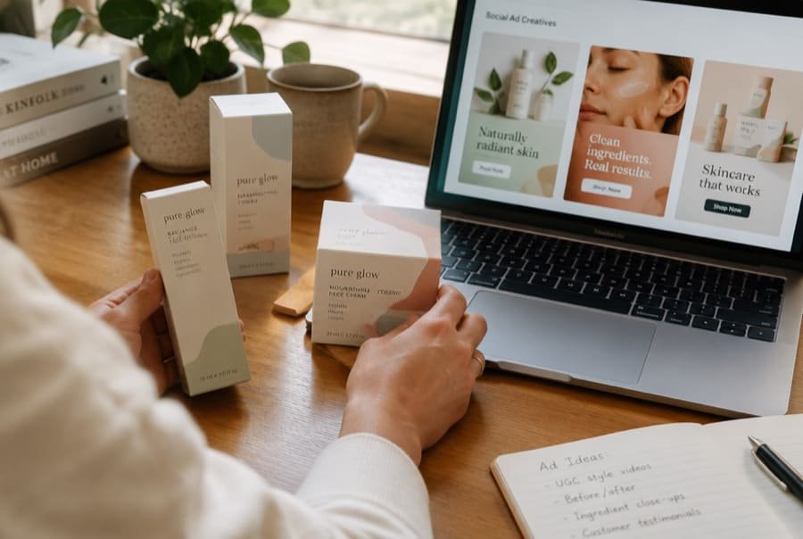 Skincare ad creatives open on a laptop beside the brand's products.