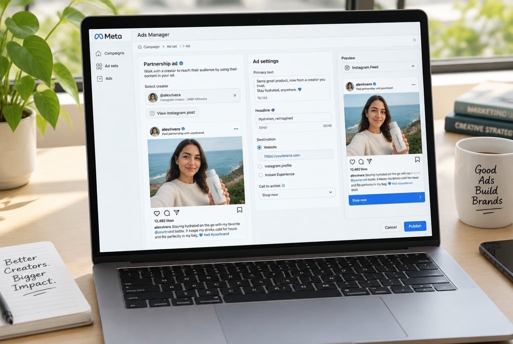 A paid partnership ad being set up in an ads manager on a laptop.