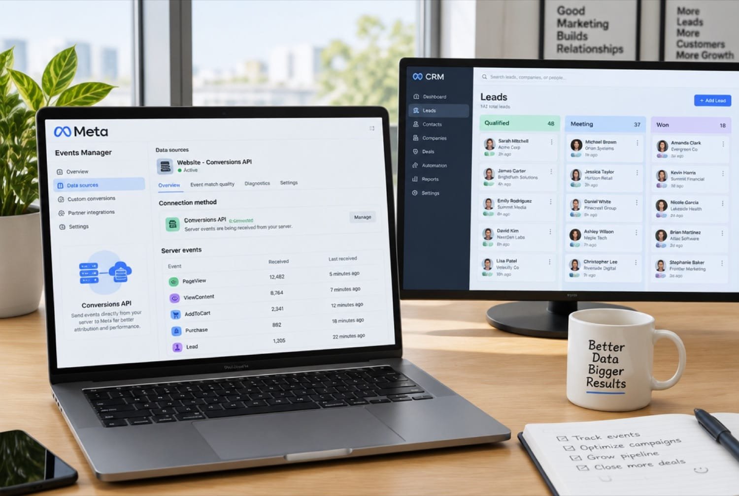 A CRM lead list beside an ads manager window on a laptop.
