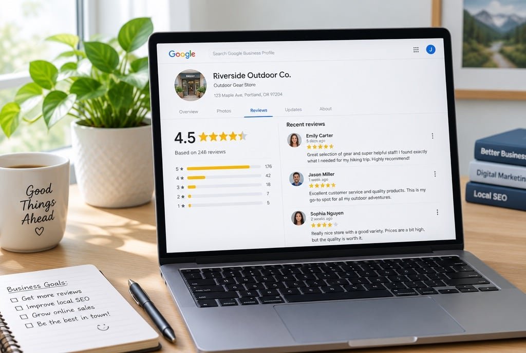 A business profile with ratings on a laptop.