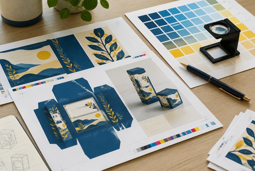 Printed pack artwork with colour swatches and a loupe.