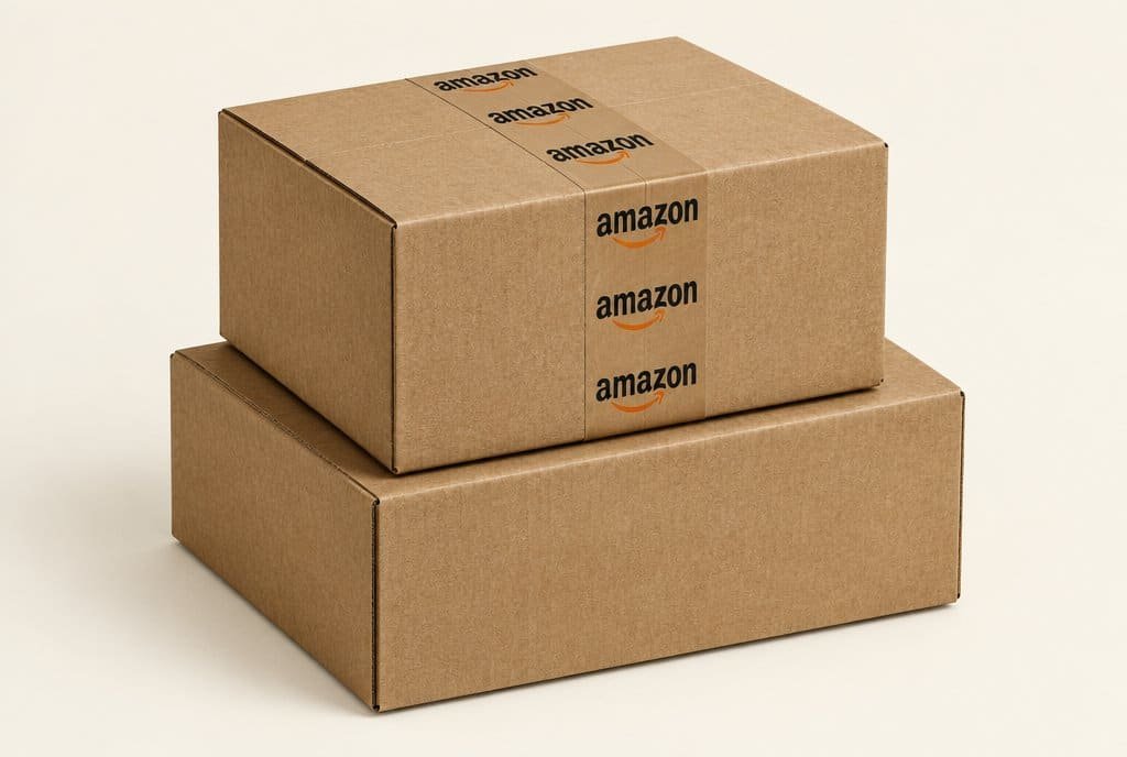 Two Amazon delivery boxes stacked on a table.