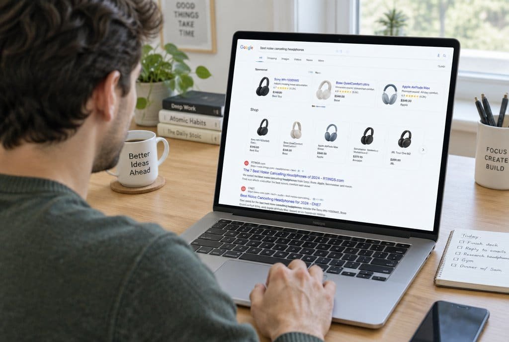 A shopper comparing products in Google search results on a laptop.