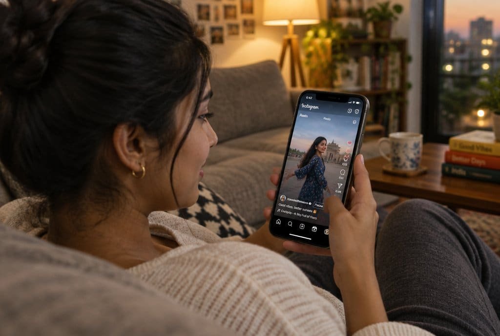 A woman on a sofa watching Reels on her phone.