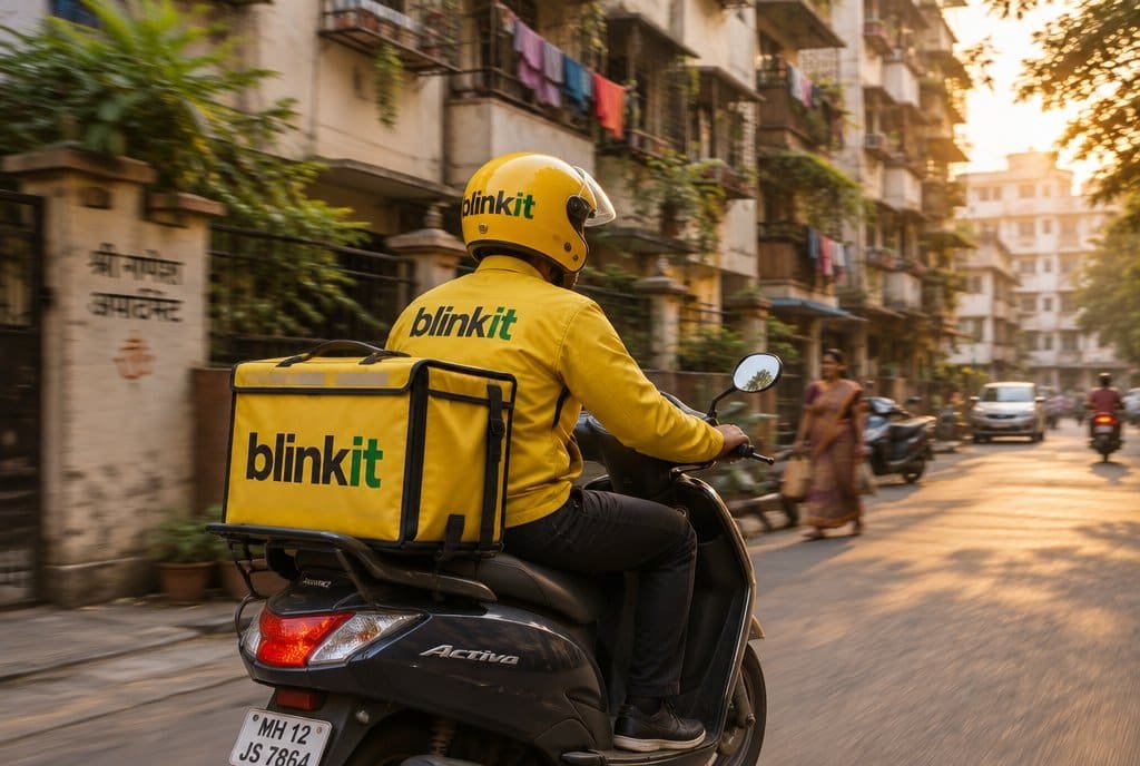 A Blinkit delivery rider on a scooter in a city street.