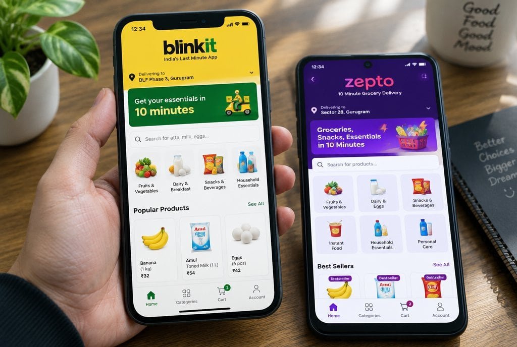 Illustrative layouts of the Blinkit and Zepto apps.
