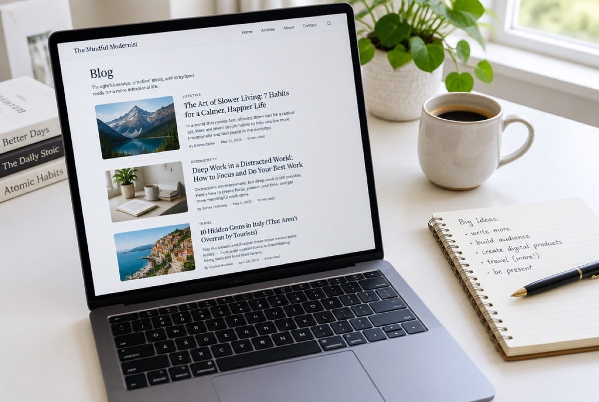A blog template on a laptop.