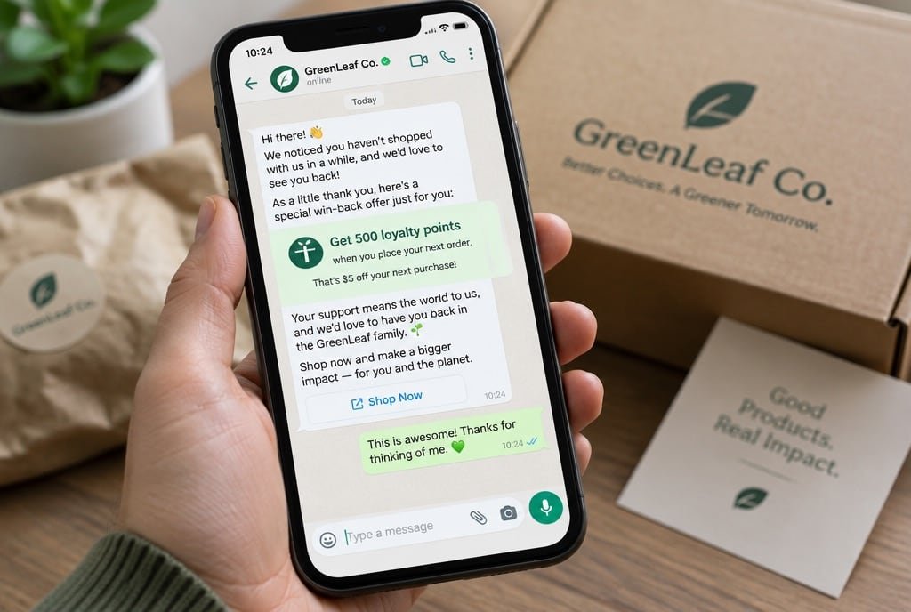 A hand holding a phone with a WhatsApp win-back message.