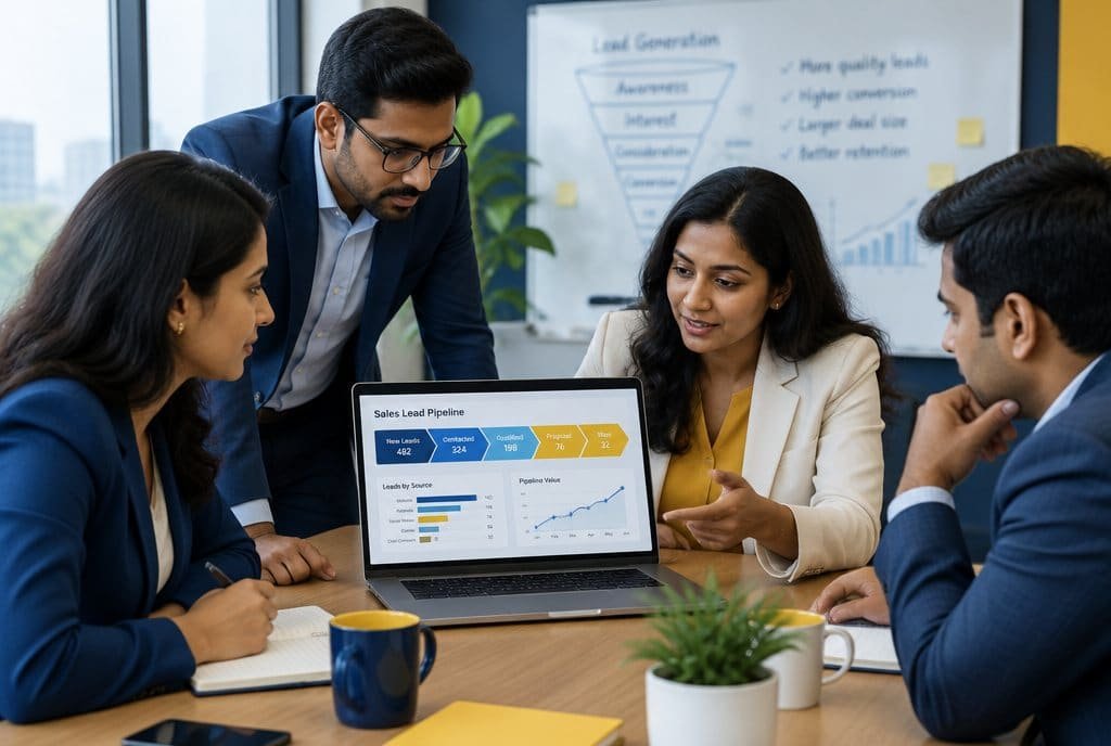 Two colleagues reviewing a sales pipeline on a laptop.