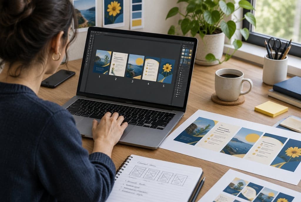 A person laying out content ideas on a laptop beside printed layouts.