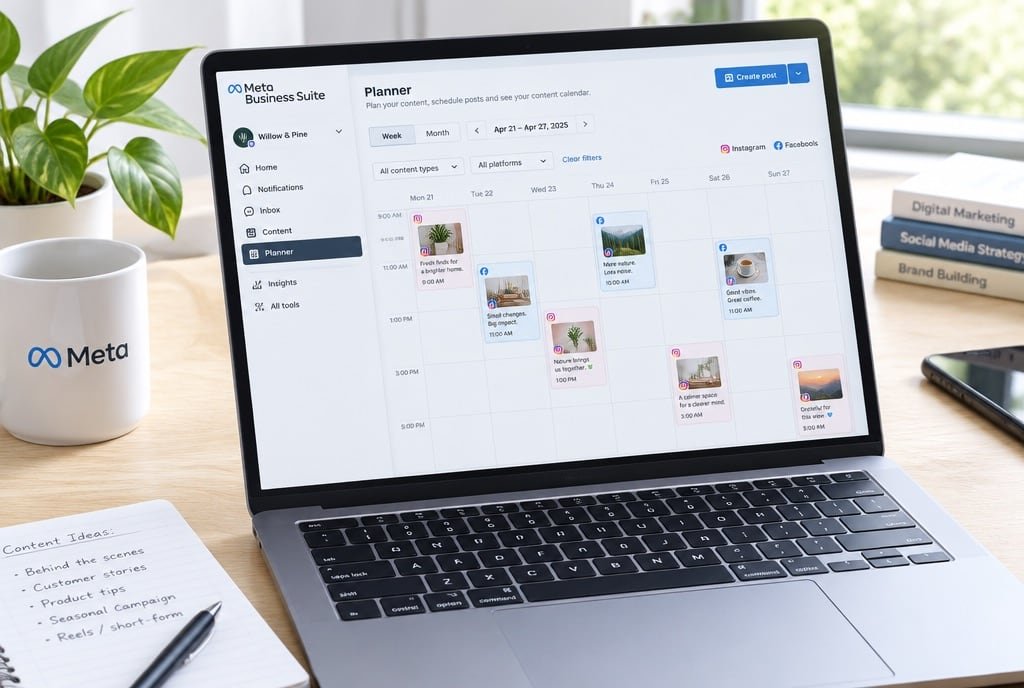 A content planner on a laptop.