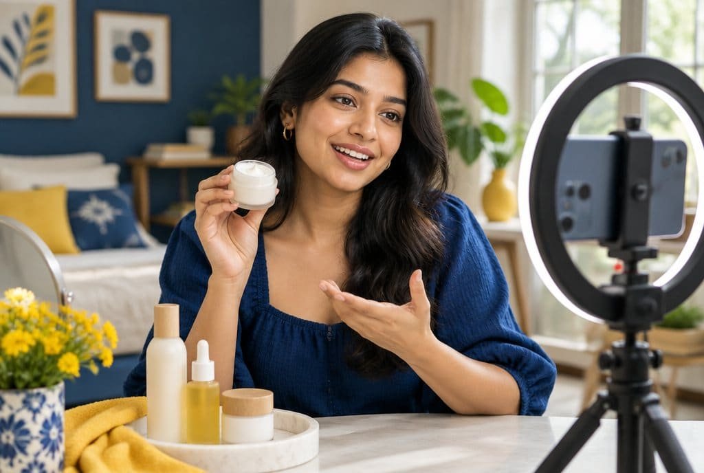 A creator presenting a skincare product to camera.