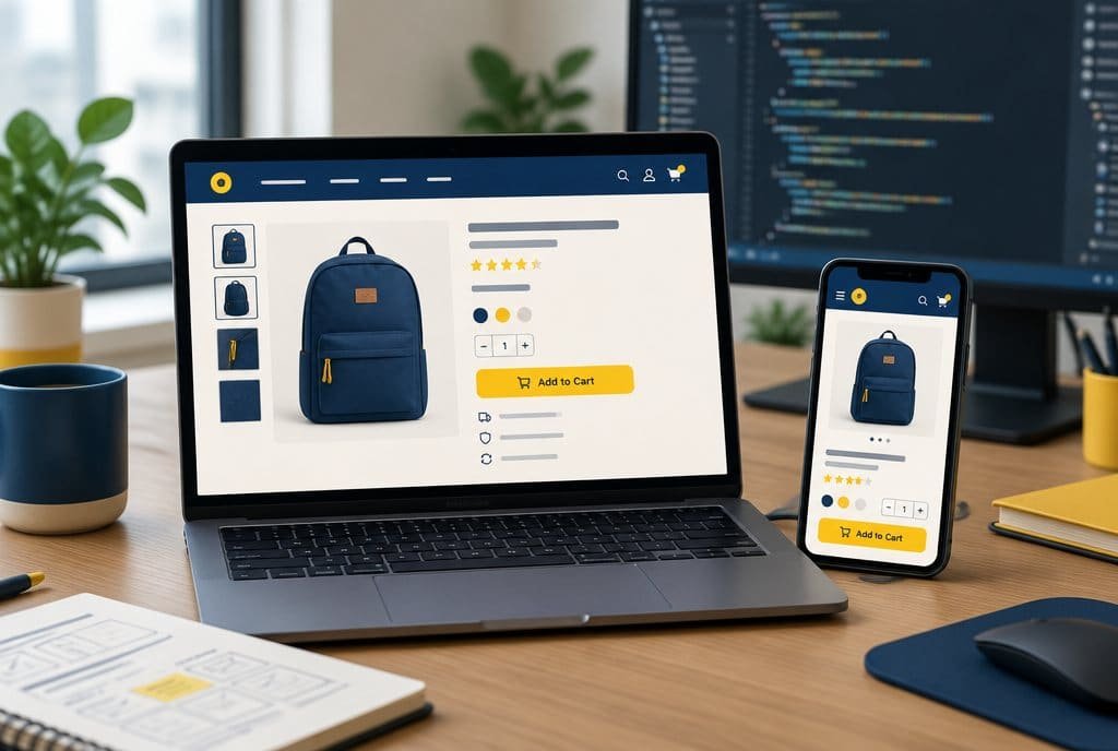 A store site on a laptop and phone beside code.