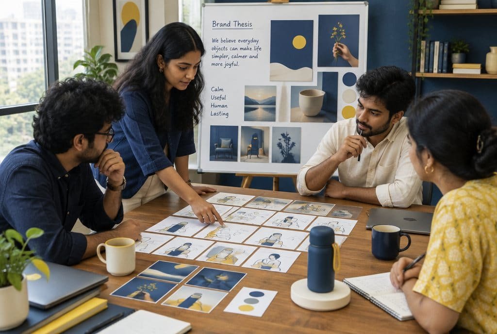 A team planning ad angles around a table of printed frames.