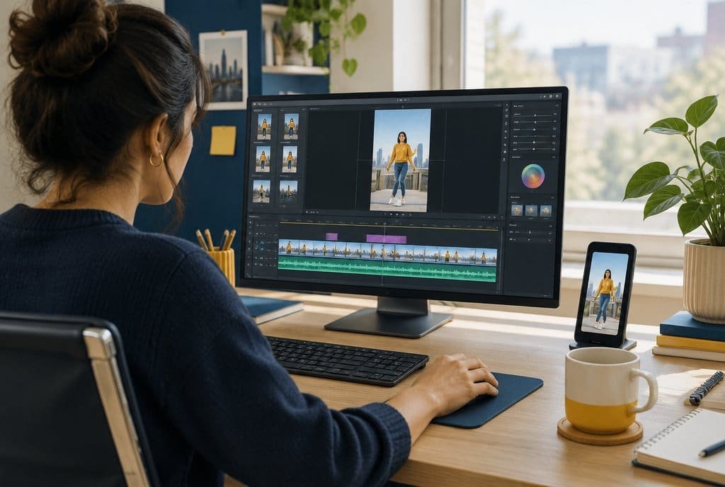 An editor cutting a vertical video on a desktop screen.