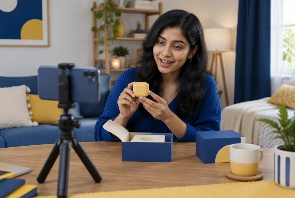 A creator filming a product video on a phone mounted on a tripod.